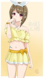  bikini bikini_skirt blush border bow bow_hairband closed_mouth commentary_request cowboy_shot criss-cross_halter dated detached_sleeves female frilled_bikini frilled_sleeves frills gradient_background hairband hairbow halterneck hanamaruyama628 highres looking_at_viewer love_live! love_live!_nijigasaki_high_school_idol_club nakasu_kasumi navel outside_border pink_eyes puffy_short_sleeves puffy_sleeves short_sleeves signature solo standing stomach swimsuit white_border white_bow white_hairband yellow_background yellow_bikini 