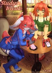  anthro blue_eyes bottomwear breasts buckteeth cake cake_slice cellphone claws clothed clothing cover cover_art cover_page cyberkaps dessert domestic_cat duo electronics felid feline felis female female/female finger_claws food furniture green_eyes hair hi_res kiu-wot lagomorph leporid mammal naili_(cyberkaps) phone rabbit red_hair school_uniform skirt small_breasts stirrup_legwear table teeth toe_claws twintails_(hairstyle) uniform yawara_(kiu-wot) 