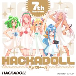  1boy 4girls :d :o ;) ahoge alternate_costume arm_up artist_name bare_shoulders blonde_hair blue_hair blush breasts cleavage closed_mouth cocktail_dress commentary_request copyright_name dark-skinned_female dark_skin double-parted_bangs dress empire_waist everyone full_body green_eyes green_hair grey_hair grin hacka_doll hacka_doll_0 hacka_doll_1 hacka_doll_2 hacka_doll_3 hacka_doll_4 hair_horns hair_over_one_eye hand_in_own_hair hand_on_own_head hand_on_own_hip hands_on_own_hips headgear highres hiva+ index_fingers_together large_breasts light_particles long_bangs long_hair long_sidelocks low_twintails medium_breasts milestone_celebration multiple_girls one_eye_closed open_mouth pink_eyes pink_hair purple_eyes red_eyes sash short_dress sidelocks smile sundress teeth trap twintails upper_teeth_only waist_ribbon white_dress yellow_eyes 