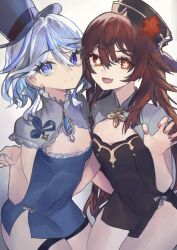  2girls alternate_costume black_dress black_hat blue_dress blue_eyes blue_hair blue_hat blue_nails breasts brown_hair cleavage_cutout clothing_cutout commentary_request dress drop-shaped_pupils flower flower-shaped_pupils furina_(genshin_impact) genshin_impact hat hat_flower heterochromia highres hu_tao_(genshin_impact) long_hair looking_at_viewer medium_hair mismatched_pupils multicolored_hair multiple_girls plum_blossoms porkpie_hat purin_uni red_eyes red_nails small_breasts smile streaked_hair symbol-shaped_pupils thigh_strap top_hat twintails white_hair 