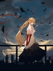  absurdres anomarasu arms_behind_back bare_shoulders bird black_dress blonde_hair breasts cityscape closed_mouth cloud commentary_request dress elbow_gloves feather-trimmed_dress feather-trimmed_gloves female gloves hair_ribbon highres kiss-shot_acerola-orion_heart-under-blade kiss-shot_acerola-orion_heart-under-blade_(young_adult) long_hair looking_at_viewer looking_back median_furrow monogatari_(series) night oshino_shinobu outdoors pointy_ears ponytail red_gloves ribbon sky solo standing strapless strapless_dress two-tone_dress vampire very_long_hair white_dress yellow_eyes 