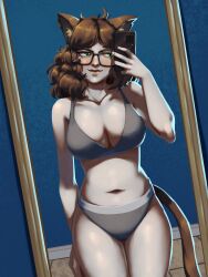  ahoge animal_ear_fluff animal_ears blue_background blush bra breasts brown_hair cat_ears cat_girl cat_tail cellphone cleavage collarbone commentary cowboy_shot curly_hair english_commentary female glasses grey_bra grey_panties highres holding holding_phone large_breasts medium_hair midriff mirror navel original panties parted_bangs phone sidelighting smartphone smile solo spookoarts tail taking_picture underwear wooden_floor 