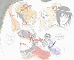  2girls armor armpits bikini_armor black_choker black_eyes black_hair blonde_hair blue_hanfu branch breasts brown_eyes chinese_clothes choker cleavage commentary_request facial_mark flying_sweatdrops forehead_mark grin hand_grab hanfu hanging highres korean_commentary korean_text large_breasts may_c multiple_girls naruto_(series) naruto_mobile navel official_alternate_costume pelvic_curtain pink_lips ponytail shizune_(naruto) smile sweat translation_request tree tsunade_(naruto) 