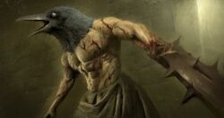  1boy bird_boy blood blood_on_wall commentary cowboy_shot crow_mauler english_commentary fear_&amp;_hunger_(series) fear_&amp;_hunger_1 highres male_focus muscular muscular_male prosthetic_weapon rioyudha22 solo standing topless_male yellow_background 