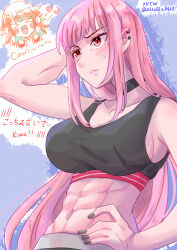  2girls abs absurdres alternate_costume black_tank_top blush breasts couple earrings feather_earrings feathers gradient_hair green_highlights highres hololive hololive_english jewelry large_breasts long_hair mori_calliope multicolored_hair multiple_girls muscular muscular_female open_mouth orange_hair pink_hair red_eyes smile takanashi_kiara tank_top virtual_youtuber xu_chin-wen yuri 