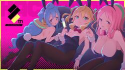  1boy 2girls :o ahoge animal_ear_hairband animal_ears backless_dress backless_outfit bare_arms bare_shoulders black_hairband black_leotard black_pantyhose blonde_hair blue_eyes blue_hair blush border bow bowtie breasts bright_pupils champagne_flute cleavage commentary_request cone_hair_bun copyright_name cup detached_collar double-parted_bangs double_bun dress drinking_glass fake_animal_ears fake_tail foot_out_of_frame green_eyes hacka_doll hacka_doll_1 hacka_doll_2 hacka_doll_3 hair_bun hairband headgear highleg highleg_leotard highres hiva+ holding holding_cherry holding_cup large_breasts leotard long_hair long_sidelocks low_twintails medium_breasts milestone_celebration multiple_girls no_shoes pantyhose parted_bangs pink_background pink_eyes pink_hair playboy_bunny rabbit_ear_hairband rabbit_ears rabbit_tail raised_eyebrows red_bow red_bowtie shoulder_blades shoulder_blush side_up_bun sidelocks smug strapless strapless_leotard tail textless_version trap twintails very_long_hair white_pupils wing_collar wrist_cuffs yellow_border 