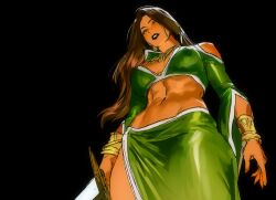  abs armlet bare_shoulders batman_(series) breasts brown_hair cleavage dark-skinned_female dark_skin dc_comics female ghksxodh highres holding holding_sword holding_weapon jewelry long_hair looking_at_viewer looking_down muscular muscular_female navel open_mouth simple_background sword talia_al_ghul toned weapon 