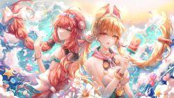  2girls absurdres alice_thymefield alice_thymefield_(sea_of_thyme) animal_ears back-to-back bow bracelet braid braided_twintails breasts closed_mouth danli_suri eyewear_on_head floating_hair food green_eyes hair_ornament hairbow hand_up heart heart-shaped_eyewear heterochromia highres holding holding_food holding_popsicle jewelry long_hair looking_at_viewer looking_back low_twintails medium_breasts multiple_girls official_alternate_costume open_mouth popsicle rabbit_ears rabbit_girl red_eyes red_hair smile sphere_hair_ornament tinted_eyewear twin_braids twintails ukinami_yuzuha ukinami_yuzuha_(tanuki_in_broad_daylight) upper_body very_long_hair water waves white_bow yellow_eyes zenless_zone_zero 