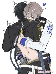  2boys ^^^ belt black_pants black_shirt butt_crack closed_eyes clothes_lift commentary_request from_behind groping hand_in_another's_pants hand_on_another's_chest heart highres jacket male_focus male_rover_(wuthering_waves) multiple_boys pants prosthesis prosthetic_arm rover_(wuthering_waves) shirt shirt_lift short_hair simple_background sleeve_cuffs standing white_background white_belt white_jacket wuthering_waves xiangli_yao_(wuthering_waves) xiangliyao0907 yaoi 