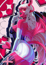  absurdres blackberreh-art breasts cleavage colored_sclera colored_skin commentary demon demon_girl demon_horns demon_tail demon_wings hellaverse helluva_boss highres horns long_hair multicolored_horns pink_horns pink_skin pink_tail pink_wings sharp_teeth smile tail teeth thighhighs two-tone_horns two-tone_tail two-tone_wings verosika_mayday very_long_hair wings yellow_sclera 