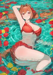  absurdres amepa_(ame_pinecandy) animal_ears arm_up armpits ass bikini bikini_skirt blush bow breasts brown_hair cleavage collarbone commentary daiwa_scarlet_(mini_vacation)_(umamusume) daiwa_scarlet_(umamusume) feet_out_of_frame female film_grain flower flower_on_liquid frilled_bikini frills hair_between_eyes hair_bobbles hair_intakes hair_ornament hairbow highres horse_ears horse_girl horse_tail large_breasts legs long_hair looking_at_viewer lying lying_on_water navel official_alternate_costume on_side partially_submerged red_bikini red_bow red_eyes red_flower red_rose revision rose smile solo swimsuit tail thighs twintails umamusume very_long_hair water wet wet_hair yellow_flower yellow_rose 