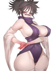  alternate_breast_size_(larger) black_hair breasts choso_(jujutsu_kaisen) cleavage closed_mouth cropped_legs female fumio_(rsqkr) genderswap_(mtf) highres jujutsu_kaisen large_breasts leotard long_hair looking_at_viewer nose_marking purple_leotard red_eyes rule_63 short_twintails simple_background solo spiked_hair standing thighhighs twintails white_background 
