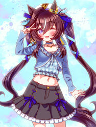  animal_ears beret black_skirt blue_choker blue_eyes blue_ribbon blue_shirt blush breasts brown_hair casual choker collarbone commentary_request ear_covers female hair_between_eyes hat heart heart_necklace highres horse_ears horse_girl horse_tail jewelry long_hair looking_at_viewer midriff mole mole_under_eye multicolored_hair navel necklace one_eye_closed open_mouth ribbon shirt single_ear_cover skirt smile solo streaked_hair sugimotty_nova tail twintails umamusume vivlos_(casual)_(umamusume) vivlos_(umamusume) white_hat 