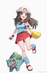  blue_shirt blue_socks blush breasts brown_eyes brown_hair bucket_hat bulbasaur commentary_request fangs female full_body gonzarez hat highres holding holding_poke_ball large_breasts leaf_(pokemon) long_hair looking_at_viewer loose_socks open_mouth poke_ball poke_ball_(basic) pokemon pokemon_(creature) pokemon_frlg porkpie_hat red_eyes red_skirt shirt shoes simple_background skirt sleeveless sleeveless_shirt smile socks vs_seeker white_background white_hat wristband yellow_bag 