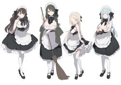  4girls absurdres apron bare_shoulders black_bow black_shoes blonde_hair blue_eyes blue_hair blunt_bangs blush bow braid braided_ponytail breasts broom brown_hair cleavage closed_mouth commentary_request dress frilled_apron frills fujiyama full_body green_eyes hairbow highres holding holding_broom huge_breasts large_breasts long_hair long_sidelocks maid maid_apron maid_headdress mary_janes medium_breasts multiple_girls one_eye_closed original shoes side-by-side sidelocks simple_background sleeveless sleeveless_dress small_breasts smile standing tachi-e thighhighs underbust very_long_hair waist_apron white_apron white_background white_thighhighs yellow_eyes 