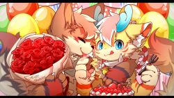  2021 anthro big_eyes blue_eyes blue_horn bouquet brown_body brown_fur canid canine closed_eyes dragon duo eastern_dragon flower flower_bouquet fox fur furred_dragon furred_scalie hlg7777 horn kemono licking licking_another licking_lips male mammal mythological_creature mythological_scalie mythology plant scalie slim_anthro slim_male tongue tongue_out white_body white_fur yellow_body yellow_fur 
