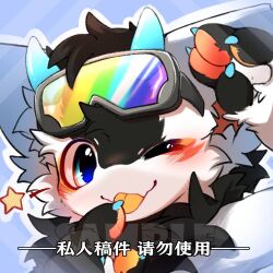  1:1 2021 2_horns anthro arthropod big_eyes black_body black_fur blue_eyes blue_horn butterfly dragon eyewear eyewear_on_head fur furred_dragon furred_scalie goggles goggles_on_head hlg7777 horn hybrid icon insects kemono lepidopteran male mythological_creature mythological_scalie mythology one_eye_closed scalie slim_anthro slim_male solo tongue tongue_out white_body white_fur 