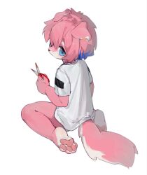  ambiguous_gender anthro biped blood blue_eyes blue_highlights bodily_fluids bottomless canid canine canis cfsy10 clothed clothing ear_piercing ear_ring fluffy fluffy_hair fur hair hi_res highlights_(coloring) kneeling kneeling_on_ground looking_back mammal piercing pink_body pink_fur rear_view ring_piercing scissors shirt solo topwear two_tone_face white_body white_clothing white_fur white_shirt white_topwear 