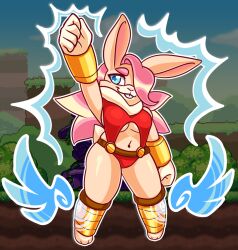  anthro armor blue_eyes cupibun female fruity-booty hair hair_over_eye lagomorph leg_cuffs leporid mammal pink_hair rabbit raised_arm solo vambrace wings_on_feet 