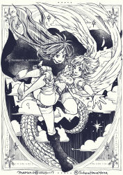  1boy :d absurdres bad_id bad_pixiv_id boots breath_of_fire breath_of_fire_i cape carrying carrying_person cloud dated facial_mark female forehead_mark greyscale highres leotard long_hair looking_at_viewer maruno monochrome nina_(breath_of_fire_i) open_mouth princess_carry ryu_(breath_of_fire_i) short_hair short_sleeves shorts smile standing standing_on_one_leg twitter_username watermark wings 