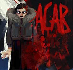  black_eyeshadow black_hair black_jacket black_lips blood blood_splatter cindy_the_skull_(disco_elysium) constricted_pupils disco_elysium eyeshadow facing_viewer fake_blood feet_out_of_frame female full_body fur_collar hand_up hashtag-only_commentary jacket looking_at_viewer makeup paint red_eyes shiroshark short_hair smirk solo 