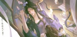  1other black_hair candle chair chinese_clothes collarbone commentary_request female from_above hair_ornament hanfu highres indoors sitting supaii16 sword weapon where_winds_meet 