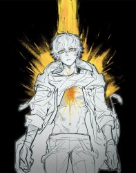  1boy abs arm_ribbon black_background blood blood_on_ground caelus_(honkai:_star_rail) clothes_lift coat collarbone commentary_request cowboy_shot dairyexpir6767 empty_eyes fingerless_gloves gloves hair_between_eyes highres honkai:_star_rail honkai_(series) hood hooded_coat lapels long_sleeves looking_up lying male_focus muscular muscular_male navel on_back open_clothes open_coat orange_eyes pants partially_colored pectorals ribbon scar shirt shirt_lift short_hair simple_background solo t-shirt teeth trailblazer_(honkai:_star_rail) yellow_blood 