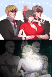  2girls 4boys ahoge ancient_greek_clothes anime_screenshot_inset aphrodite_(shuumatsu_no_valkyrie) black_eyes blonde_hair blue_background blue_eyes breasts brown_eyes character_request cleavage closed_mouth colored_skin commentary copyright_request derivative_work english_commentary enjelicious formal_clothes greco-roman_clothes green_hair grey_hair grey_skin hand_up highres huge_breasts meme multiple_boys multiple_girls necktie parody ponytail red_necktie screenshot_inset servants_holding_aphrodite's_breasts_(meme) shuumatsu_no_valkyrie smile 