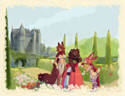  2025 anthro bear big_tail bracelet castle clothed clothed_anthro clothed_female clothing crown detailed_background dress fairy female female_anthro flower garden group headgear hi_res jewelry kemono lagomorph leporid mammal medieval necklace pawberry plant princess rabbit red_rose ribbons rose_(flower) royalty tail trio 