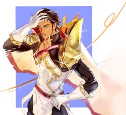  1boy black_pants black_tunic breasts brown_hair cape claude_von_riegan claude_von_riegan_(almyra's_king)_(resplendent) claude_von_riegan_(timeskip) cleavage dark-skinned_male dark_skin epaulettes fire_emblem fire_emblem:_three_houses fire_emblem_heroes gloves green_eyes hashtag-only_commentary highres looking_at_viewer ninesanorz official_alternate_costume pants pectorals single_epaulette solo tunic white_gloves white_tunic yellow_cape 