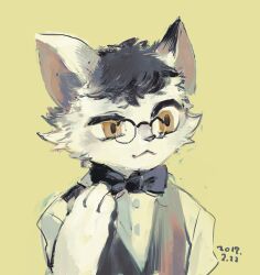  2017 anthro bow_tie cheek_tuft clothed clothed_anthro clothed_male clothing collared_shirt dated domestic_cat dress_shirt eyebrows eyewear facial_tuft felid feline felis front_view fur glasses hakugin male male_anthro mammal pince-nez portrait raised_eyebrow shirt simple_background solo topwear tuft vest wearing_glasses white_body white_fur 