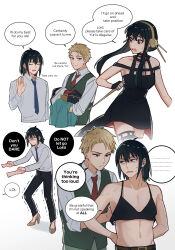  2boys arms_behind_back bare_shoulders belt black_bra black_dress black_gloves black_hair black_pants blonde_hair blue_eyes blue_necktie bra breasts brown_belt brown_shirt closed_eyes collared_shirt commentary cropped_torso crossdressing dagger dress english_commentary english_text female fingerless_gloves flower furrowed_brow gloves gold_hairband green_pants green_vest hair_between_eyes hair_flower hair_ornament hairband hanakan high-low_dress high_heels highres holding holding_hands holding_unworn_clothes holding_weapon knife light_smile lloyd_(mother) long_hair looking_at_another medium_breasts medium_hair messy_hair midriff multiple_boys necktie nervous_smile nervous_sweating open_mouth pants pumps red_dress red_eyes red_necktie shirt short_hair sidelocks sleeves_rolled_up smile spy_x_family stiletto_(weapon) sweat sweatdrop trembling two-sided_dress two-sided_fabric underwear updo vest waistcoat weapon white_background white_shirt yor_briar yuri_briar 