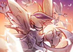  ambiguous_gender avian bird felid feral fur generation_5_pokemon group hi_res jewelry liepard mammal necklace nintendo pink_body pink_fur pokemon pokemon_(species) spots swanna tktuka white_body white_fur wings yellow_eyes yemao_(kianyemao) 