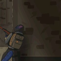  1:1 2026 alley ambiguous_gender amphibian animated annoyed anthro armor backpack balaclava better_version_at_source blue_body blue_scales body_armor can claws clothed clothing container detailed_background duo feral fingerless_gloves food frog gloves gun handgun handwear holding_gun holding_handgun holding_knife holding_melee_weapon holding_object holding_pistol holding_ranged_weapon holding_rifle holding_weapon holster hugaron inheritor knife leg_holster lizard male markings mask melee_weapon notched_ear pistol project_silverfish purple_eyes purple_markings ranged_weapon reptile rifle rolled_up_sleeves scales scalie sharp_teeth solo_focus spikes spikes_(anatomy) spilled_food standing surprised teeth walking weapon 