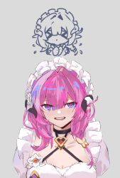  >_< absurdres black_horns blue_eyes breasts butterfly_hair_ornament cleavage dress elysia_(honkai_impact) elysia_(miss_pink)_(honkai_impact) elysia_(miss_pink_elf)_(honkai_impact) fake_horns female grey_background hair_ornament highres honkai_(series) honkai_impact_3rd horns large_breasts long_hair looking_at_viewer maid maid_headdress official_alternate_costume parted_lips pink_hair shinian41379 simple_background solo upper_body very_long_hair 