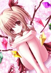  bad_id bad_pixiv_id bare_legs barefoot blonde_hair blush clothes_between_thighs commentary_request crystal_wings dress female flandre_scarlet frilled_sleeves frills hair_between_eyes hair_ribbon highres hugging_own_legs looking_at_viewer missile228 no_pants paint.net_(medium) parted_lips pink_background red_dress red_eyes ribbon shirt short_hair side_ponytail sitting solo touhou wings 