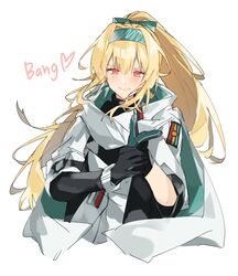  aogisa bad_id bad_pixiv_id black_gloves blonde_hair blush closed_mouth commentary_request duplicate english_text female girls&#039;_frontline gloves green_ribbons hair_ornament hair_ribbon hairband headband highres jacket long_hair looking_at_viewer pink_eyes pixel-perfect_duplicate pointing pointing_at_viewer ponytail red_eyes ribbon scarf smile solo sv-98_(girls&#039;_frontline) sv-98_(mod3)_(girls&#039;_frontline) white_background 