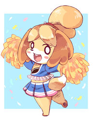  :d animal_crossing animal_ears animal_nose blonde_hair blush_stickers body_fur border cheerleader commentary_request dog_ears dog_girl dog_tail female full_body furry furry_female happy highres hnzk_aroma isabelle_(animal_crossing) looking_at_viewer medium_hair midriff open_mouth pawpads pom_pom_(cheerleading) simple_background smile solo standing standing_on_one_leg tail topknot white_background white_border white_fur yellow_fur 