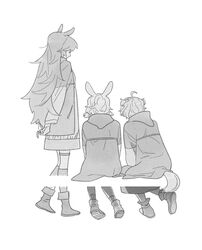  3girls ahoge animal_ears ankle_boots arknights arms_behind_back beagle_(arknights) boots closed_mouth coat dress fang_(arknights) greyscale hood hooded_coat kroos_(arknights) long_hair long_sleeves monochrome multiple_girls open_clothes open_coat rabbit_ears short_hair simple_background sitting smile snsstk1 standing tail very_long_hair white_background 