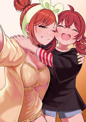  2girls ;d ^_^ ^o^ absurdres ahoge alternate_costume arisugawa_natsuha black_shirt blush breasts chemise cleavage closed_eyes double_bun dress face-to-face fur-trimmed_hairband fur_trim grin hair_bun hand_on_another&#039;s_shoulder highres hug idolmaster idolmaster_shiny_colors komiya_kaho large_breasts lingerie morero_(yptk7244) multiple_girls one_eye_closed orange_hair red_eyes round_teeth selfie shirt single_hair_bun smile teeth twintails underwear 