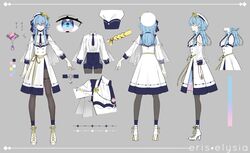  atelier_live blue_eyes blue_hair blue_necktie blue_shorts character_name collared_shirt english_commentary eris_elysia eris_elysia_(artist) female gradient_eyes hair_behind_ear high_heels highres long_hair multicolored_eyes multiple_views necktie pantyhose pink_eyes reference_sheet shirt short_necktie shorts skirt smile thigh_strap virtual_youtuber white_footwear white_shirt white_skirt 