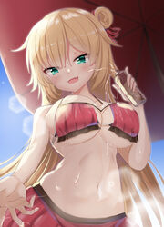  :d akai_haato akai_haato_(hololive_summer_2019) bikini blonde_hair blue_eyes bottle breasts female from_below hair_bun highres hololive large_breasts long_hair looking_at_viewer lotion midriff navel oerba_yun_fang official_alternate_costume official_alternate_hairstyle open_mouth parasol single_side_bun smile solo sunscreen swimsuit takimoto_yukari umbrella very_long_hair virtual_youtuber 