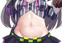  ayagi_daifuku black_skirt breasts brown_gloves commentary_request facing_viewer female gloves grey_hair groin highres hololive long_hair long_sleeves murasaki_shion murasaki_shion_(1st_costume) navel navel_focus out_of_frame outie_navel simple_background skirt solo striped virtual_youtuber white_background 