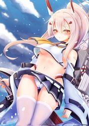  ayanami_(azur_lane) azur_lane bandages breasts cameltoe choker female from_below furisode highres japanese_clothes kimono medium_breasts monneko navel necktie panties pantyshot platinum_blonde_hair ponytail skirt snowing solo standing stomach thick_thighs thighhighs thighs underboob underwear white_hair white_panties yellow_eyes 