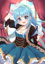  :d arm_up black_jacket blue_dress blue_eyes blue_hair blue_panties blurry blurry_background blush bow bow_panties breasts cleavage commentary curtains depth_of_field dress female frilled_dress frilled_gloves frilled_jacket frills glint gloves hair_ornament hairclip hand_up head_tilt highres holding holding_clothes holding_panties holding_underwear indoors jacket lace-trimmed_panties lace_trim long_hair looking_at_viewer medium_breasts mist_train_girls open_clothes open_jacket open_mouth pancras_(mist_train_girls) panties pleated_dress puffy_short_sleeves puffy_sleeves short_sleeves smile solo standing suzu_(minagi) underwear unworn_panties very_long_hair white_gloves window 