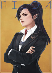  absurdres black_hair black_suit blazer character_name collared_shirt contemporary cornrows cover crossed_arms earclip earrings elezen elf eyebrows eyeshadow fake_magazine_cover female final_fantasy final_fantasy_xiv fingernails formal furrowed_brow highres hilda_ware hyur jacket jewelry lapel_pin lips long_hair long_sleeves magazine_cover makeup monori_rogue nose pointy_ears ponytail portrait red_scarf scarf shirt solo stud_earrings suit suit_jacket swept_bangs white_shirt yellow_background 