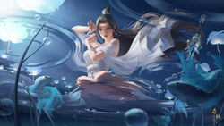  air_bubble black_hair blue_theme breasts bubble china_dress chinese_clothes chinese_commentary commentary_request dress female fish floating_hair hair_ornament hands_up highres large_breasts long_hair lu_xueqi_(zhu_xian) planted planted_sword ripples siamese_fighting_fish sitting solo sword tun_chou underwater weapon weeds white_dress zhu_xian 