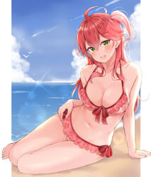  ahoge bare_arms bare_legs bare_shoulders barefoot beach bikini blue_sky blush breasts cherry_blossom_print cleavage cloud collarbone commentary_request day female floral_print green_eyes groin hair_ornament hairclip halterneck highres hololive jiino large_breasts long_hair looking_at_viewer navel ocean official_alternate_costume one_side_up open_mouth outdoors pink_bikini pink_hair sakura_miko sakura_miko_(hololive_summer_2019) sitting sky smile solo string_bikini sunlight swimsuit toes virtual_youtuber x_hair_ornament yokozuwari 