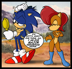  annoyed anthro archie_comics blowing_raspberries boots brown_hair canon_couple chadthecartoonnut clothing duo english_text eulipotyphlan eyelashes female footwear ground_squirrel hair hedgehog male mammal mirror rodent sally_acorn sciurid sega smile sonic_the_hedgehog sonic_the_hedgehog_(archie) sonic_the_hedgehog_(comics) sonic_the_hedgehog_(series) text tongue tongue_out vanity 