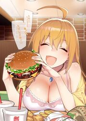  92m :d ^_^ ahoge bare_shoulders blush breast_rest breasts breasts_on_table burger camisole cheese chicken_nuggets cleavage closed_eyes collarbone commentary cup drinking_straw elbows_on_table fast_food female food french_fries hair_between_eyes highres holding holding_food jewelry large_breasts lettuce long_hair necklace off_shoulder open_mouth orange_hair pecorine_(princess_connect!) pecorine_(real)_(princess_connect!) pendant pink_camisole princess_connect! sidelocks smile solo speech_bubble table tomato translated 